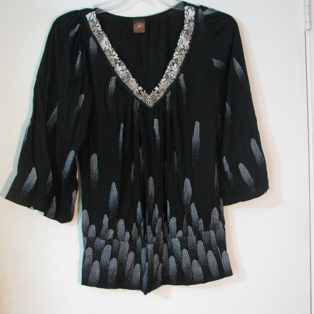 Language Blouse Small Black Blue Embroidery V Neckline EUC